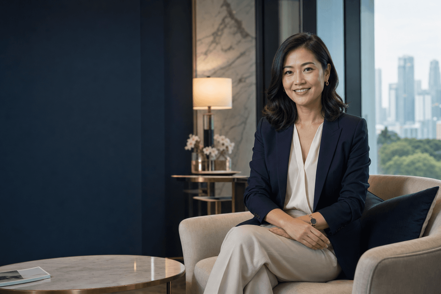 Fictional property consultant Meridian Lim seated in a refined Singapore condominium